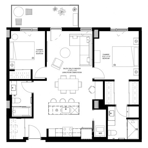 Floor plan for 2 beds, 2 baths, 926 sqft